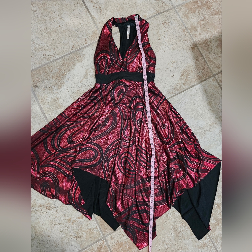 Dulce Carola Womens Large Dress Metallic Red Black Swirl Halter Iconic Goth Rave - Picture 8 of 8